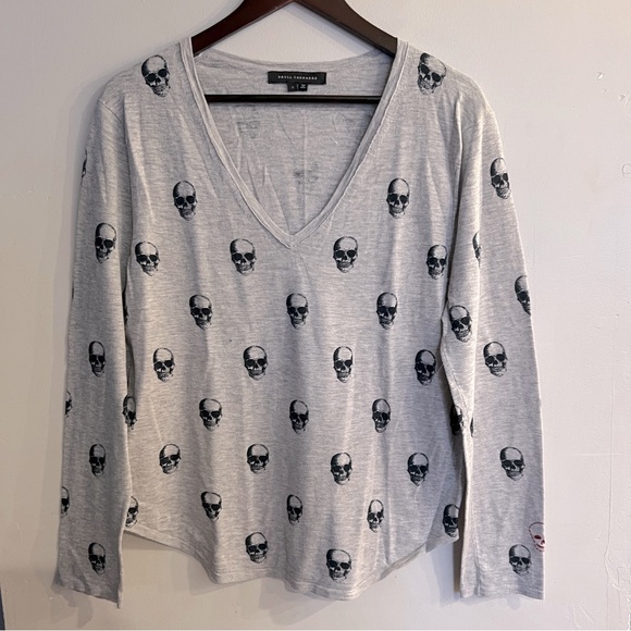 Skull Cashmere Sweaters - SKULL CASHMERE Women's Gray Skull Print V-Neck Sweater Size S